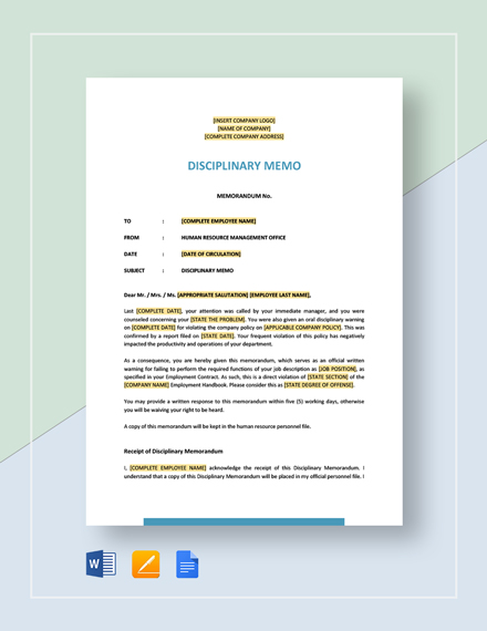 Free Sample Employee Disciplinary Memo Template - Download in Word ...