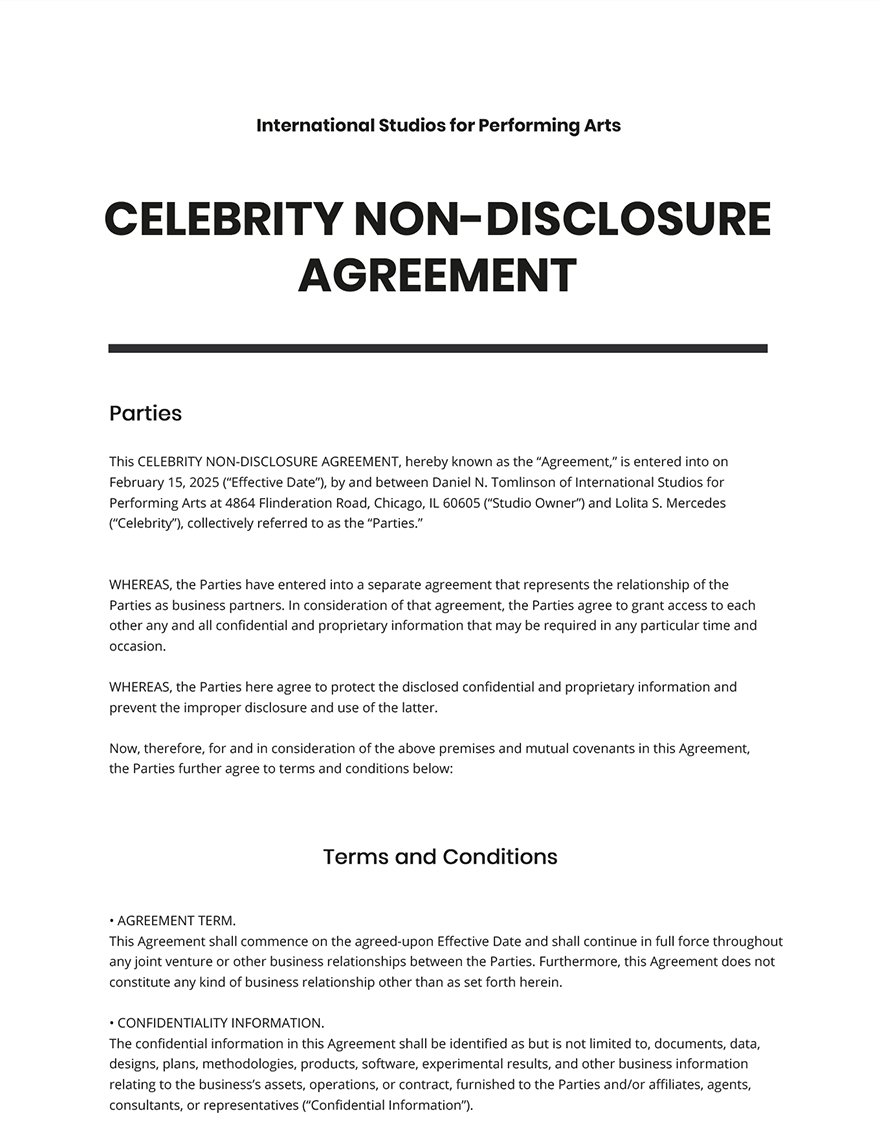 Celebrity Non Disclosure Agreement Template
