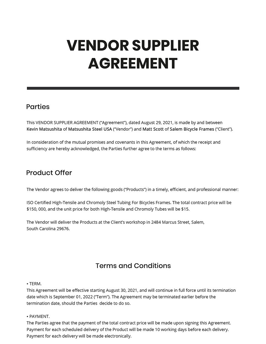 Vendor Supplier Agreement Template