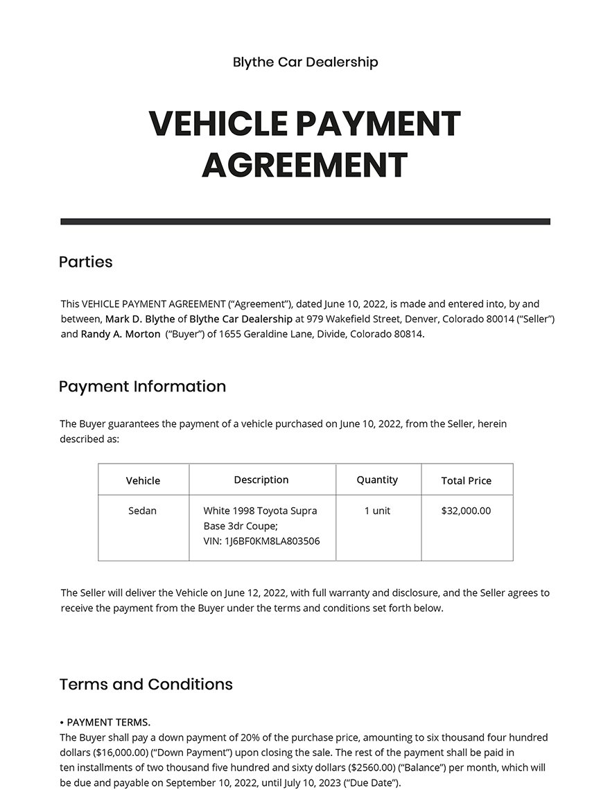 Vehicle Payment Agreement Template Google Docs Word Apple Pages