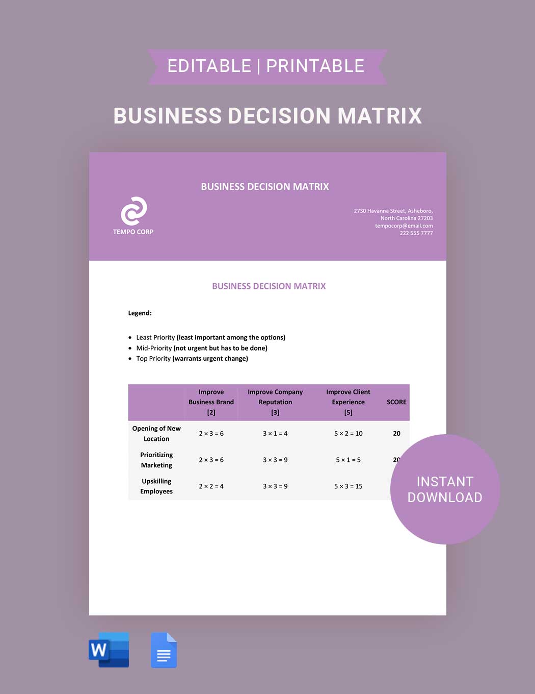Business Decision Matrix Template