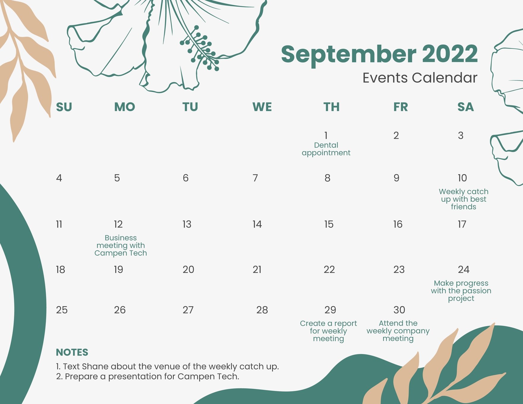 Free Floral September 2022 Calendar Template