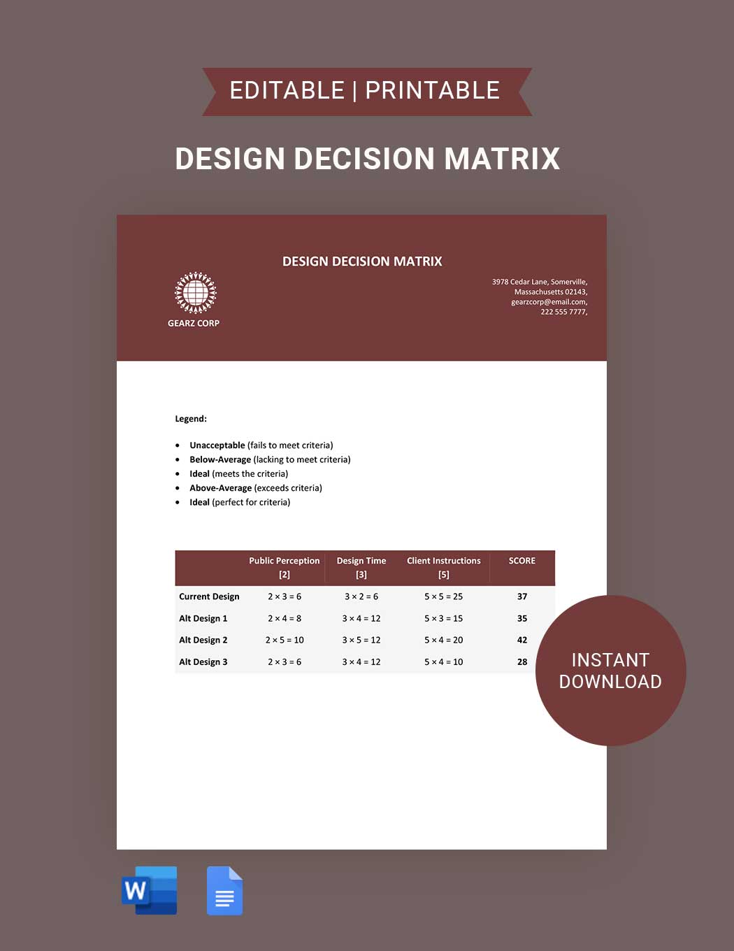 Design Decision Matrix Template in Word, Google Docs