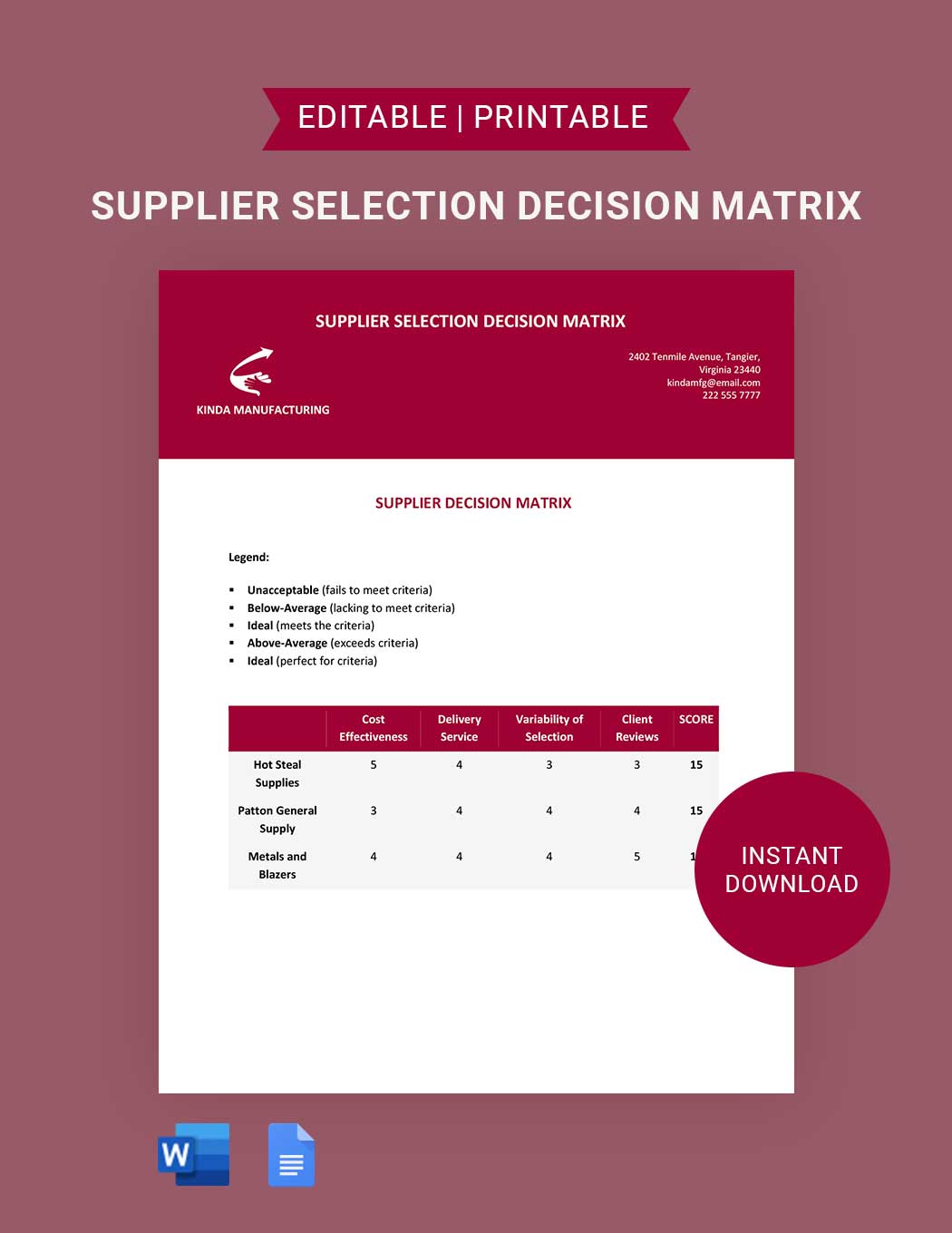 Supplier Selection Decision Matrix Template in Word, Google Docs