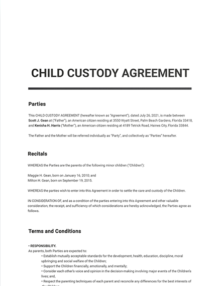 Sample Of Child Custody Agreement