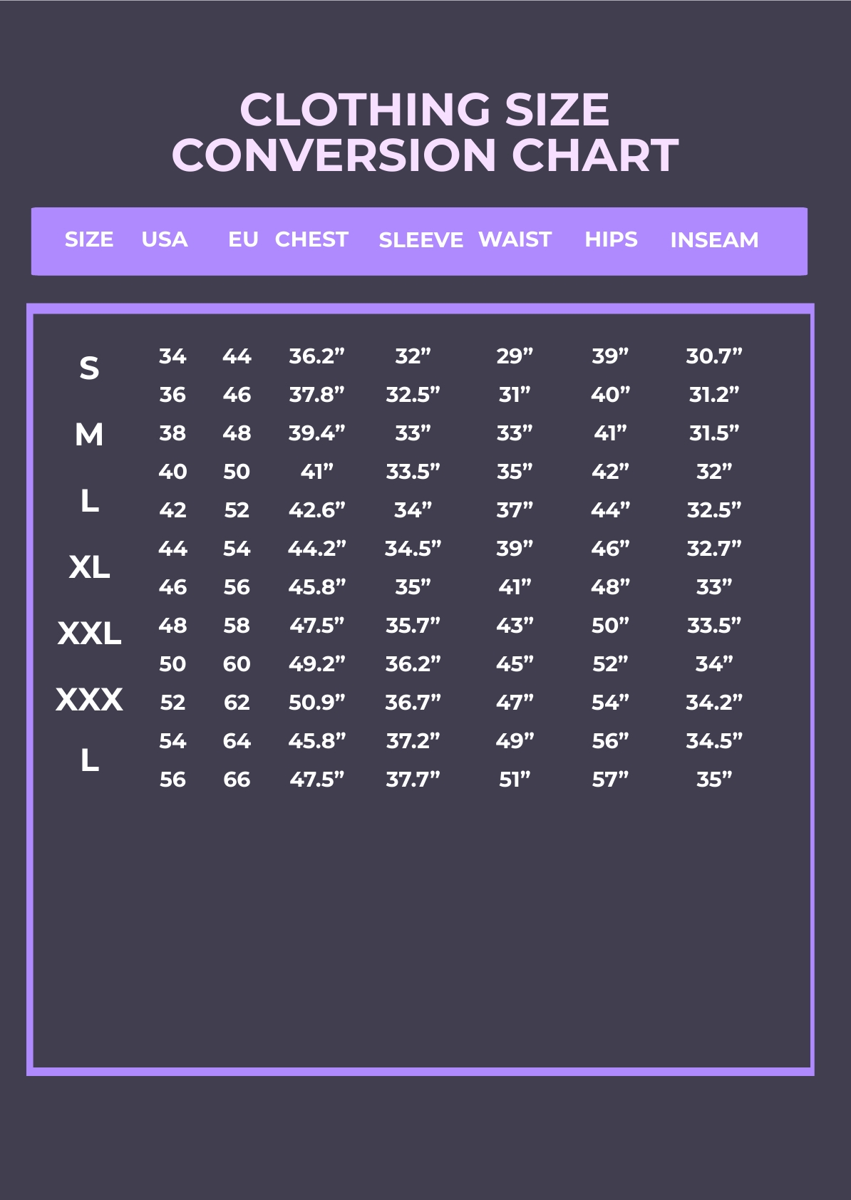 Clothing Size Conversion Chart Template