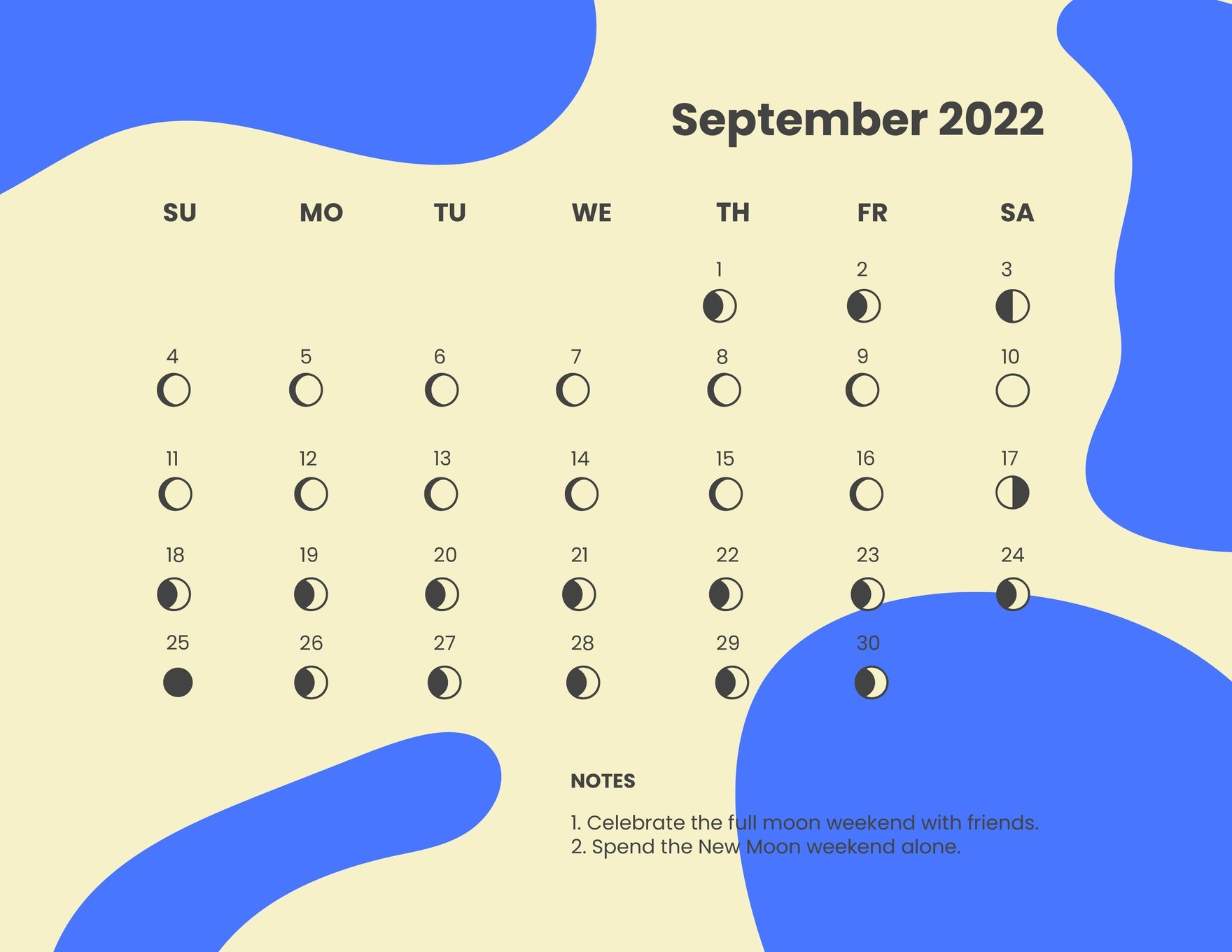 September 2022 Calendar With Moon Phases Template