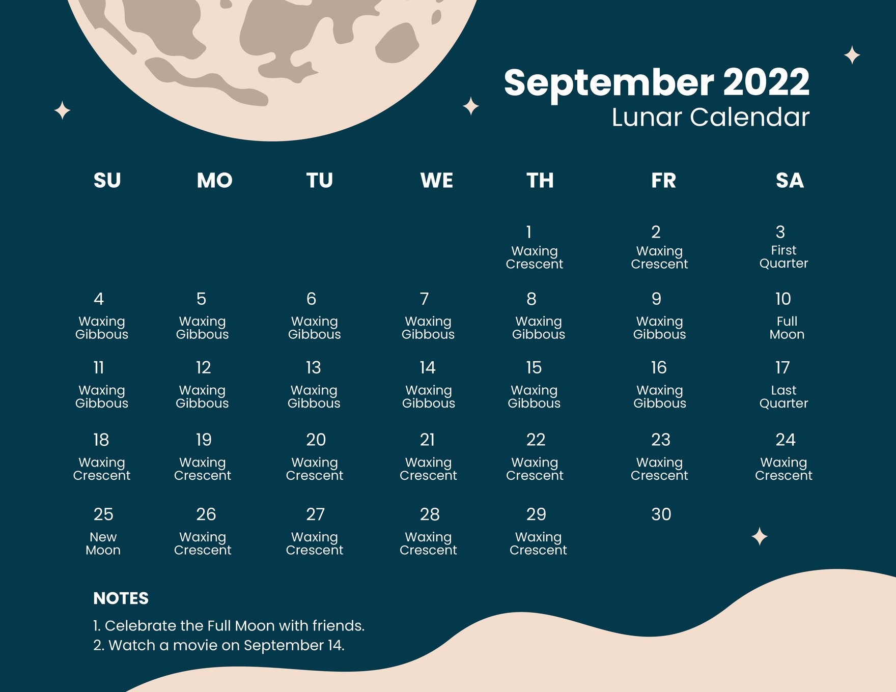 Free Lunar Calendar September 2022 in Word, Illustrator, PSD