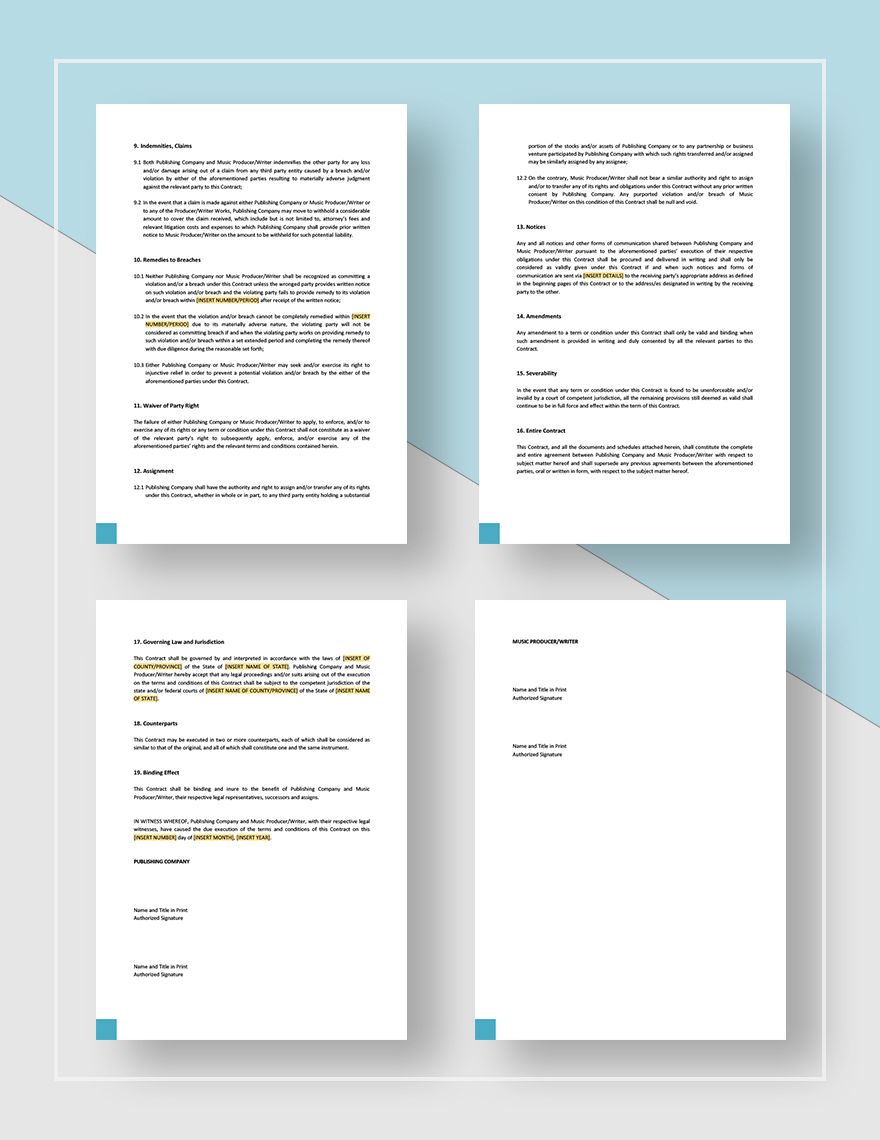 Music Publishing Contract Template Google Docs, Word, Apple Pages