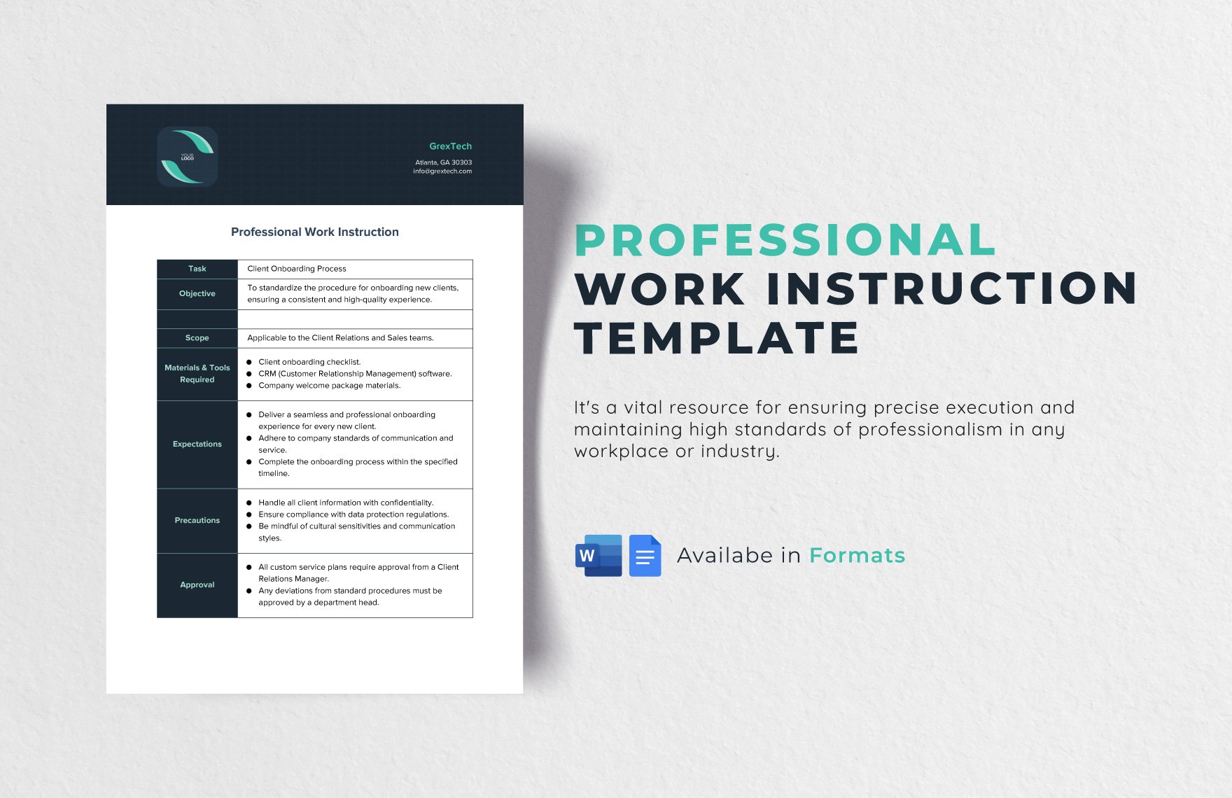 Professional Work Instruction Template in Word, Google Docs