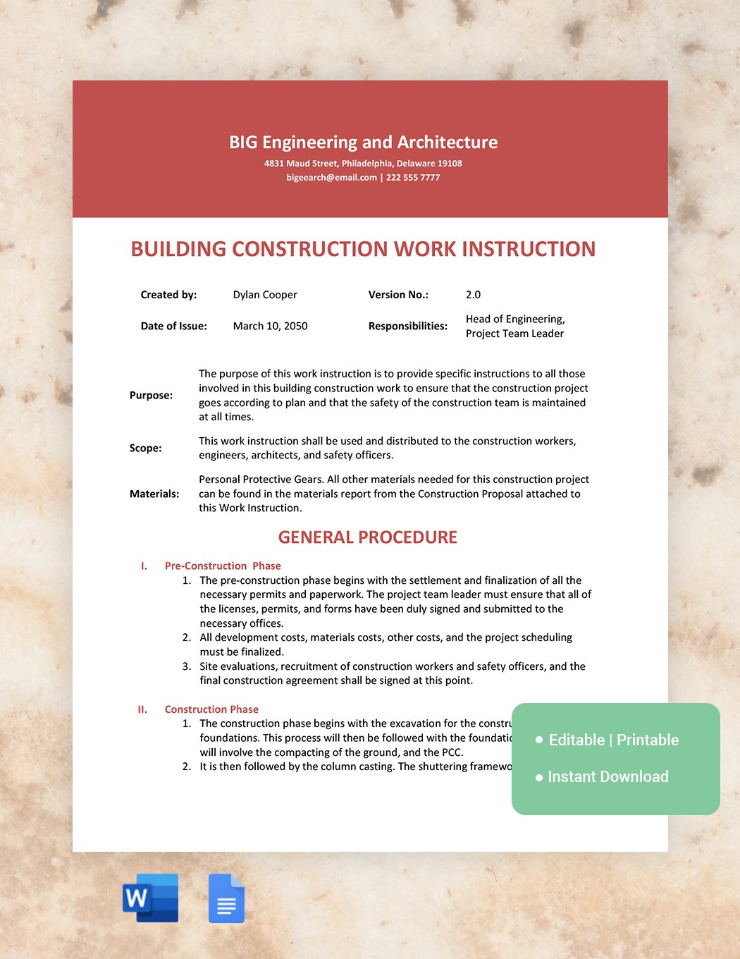 Construction Work Instruction Template