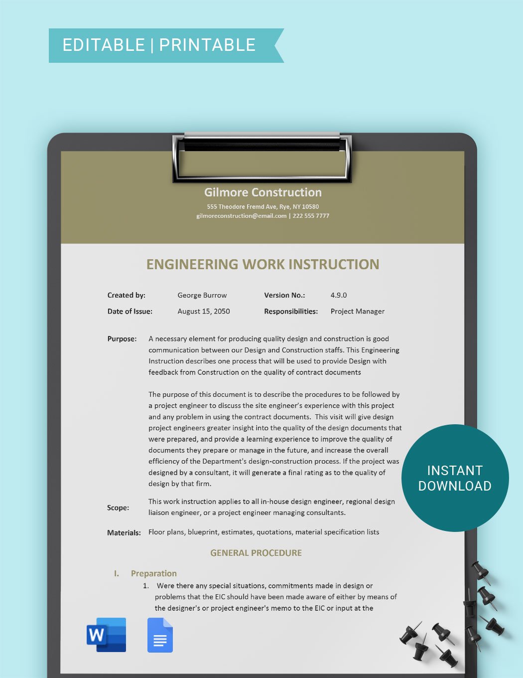 Engineering Work Instruction Template in Word