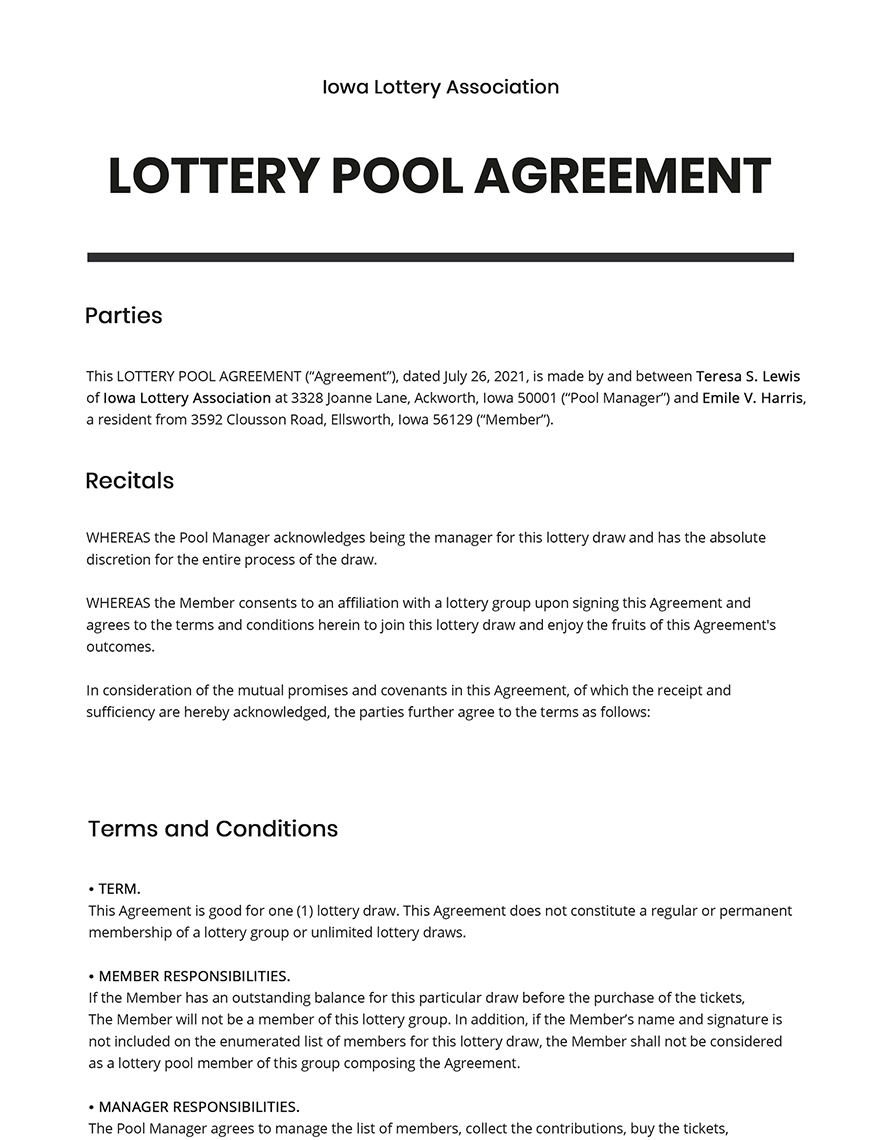 Lottery Pool Agreement Template - Google Docs, Word, Apple Pages ...