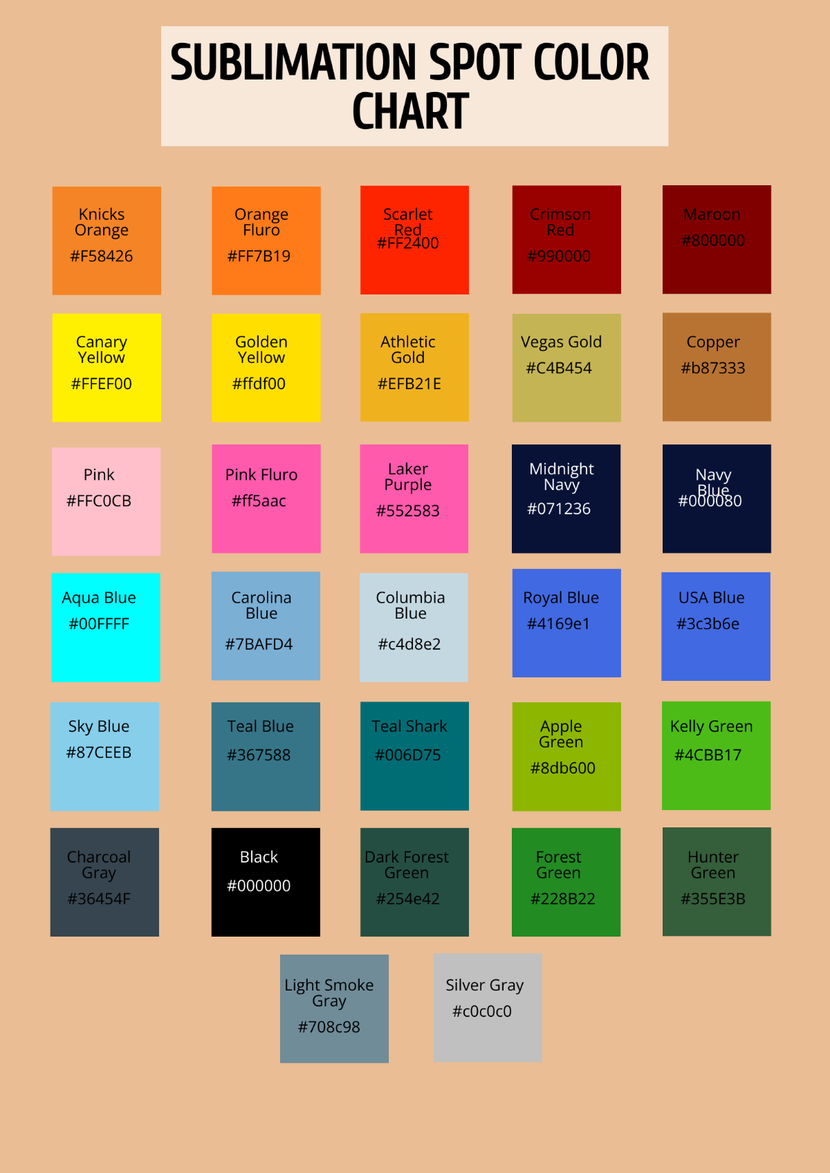 Sublimation Spot Color Chart Template