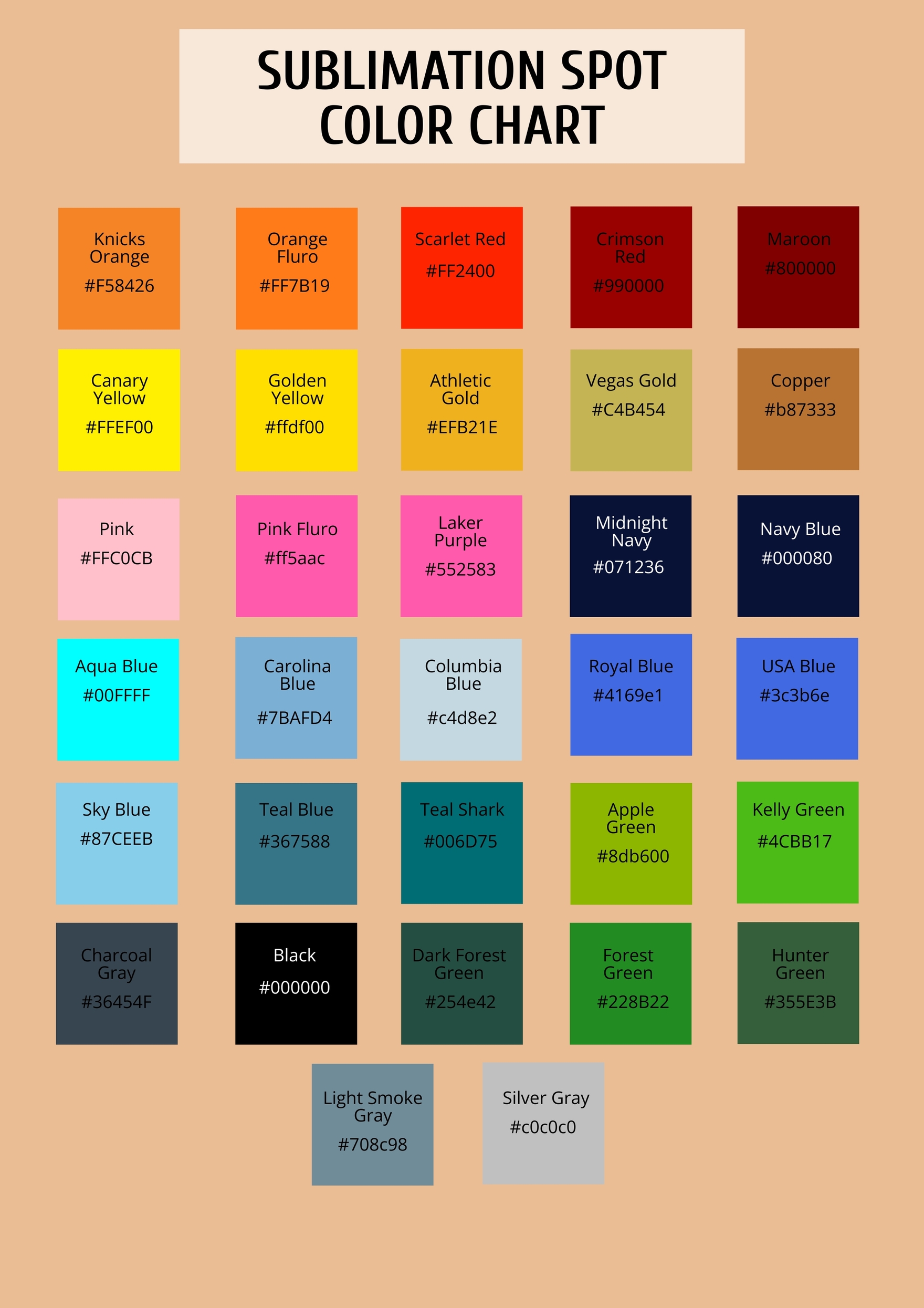Sublimation Spot Color Chart Illustrator PDF Template