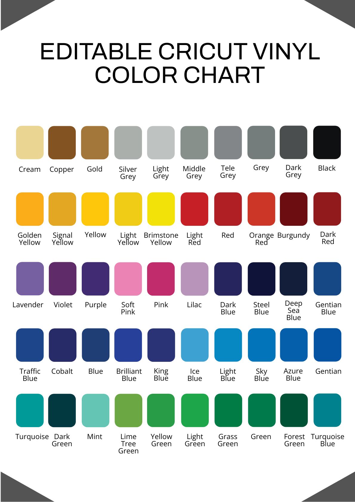 Editable Cricut Vinyl Color Chart Template