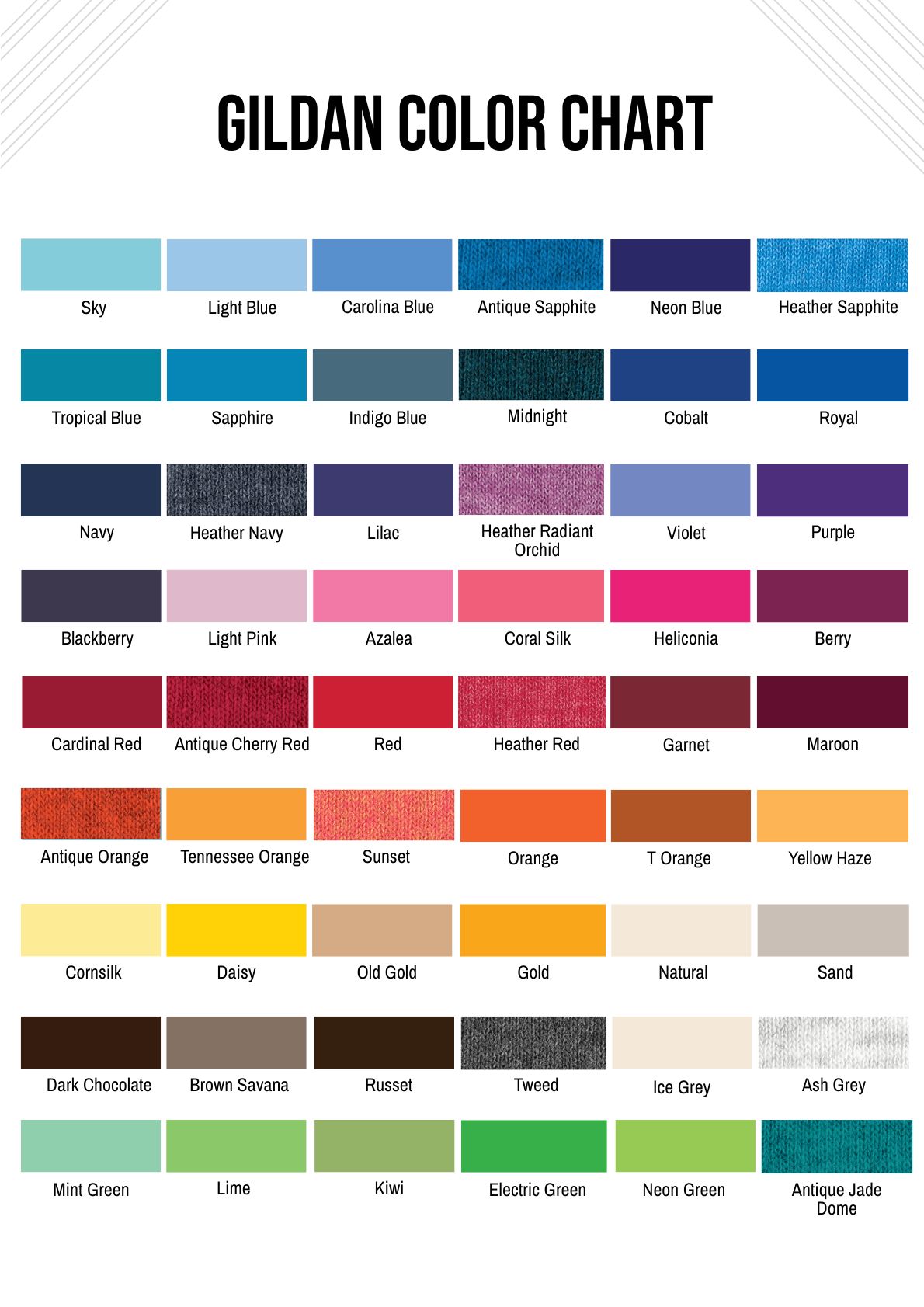 Free Gildan 64000 Color Chart - Download in Word, PDF, Illustrator, PSD ...