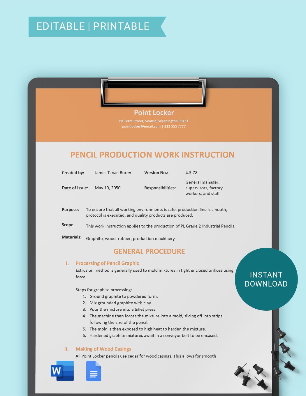 Production Work Instruction Template in Word, Google Docs