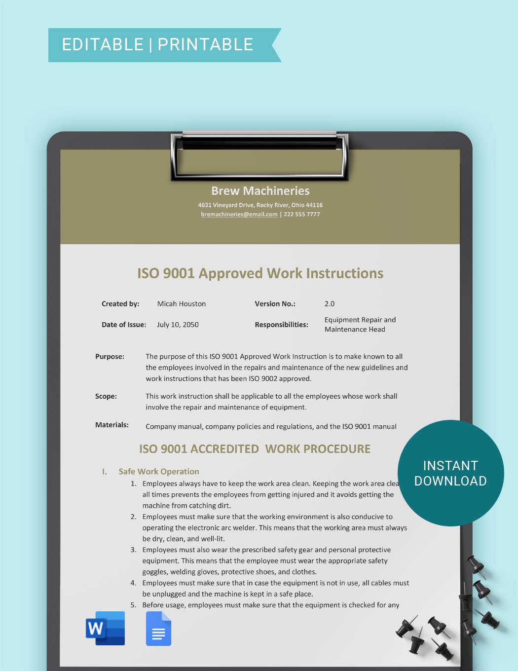ISO 9001 Work Instruction Template in Word, Google Docs