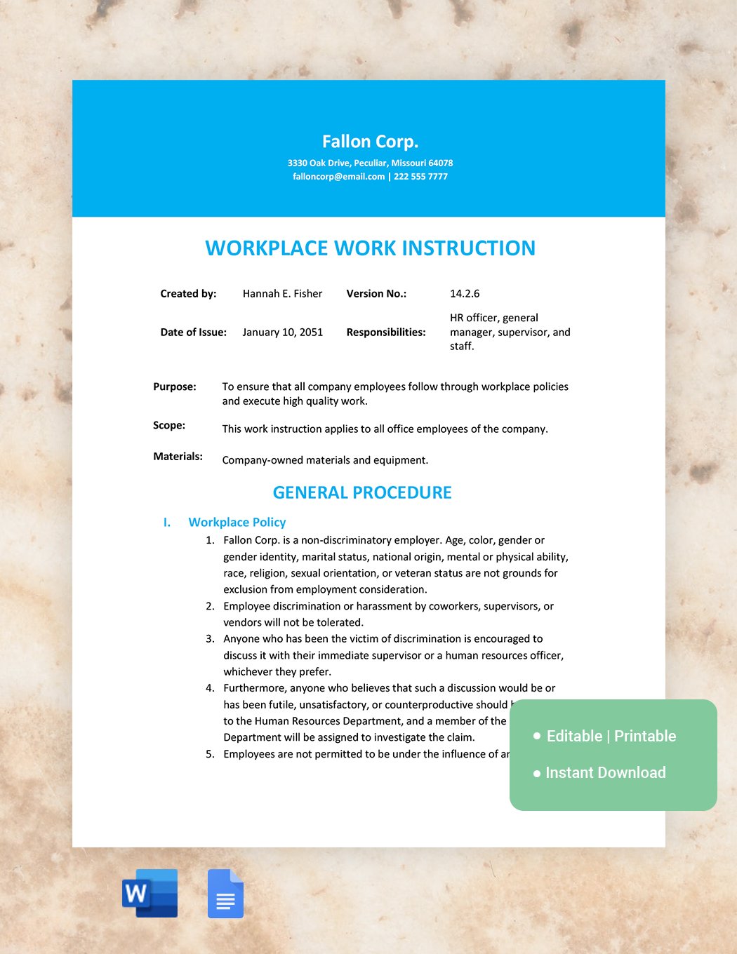 Workplace Work Instruction Template in Word, Google Docs