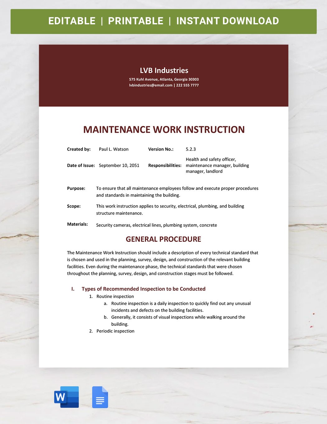 Maintenance Work Instruction Template in Word, Google Docs