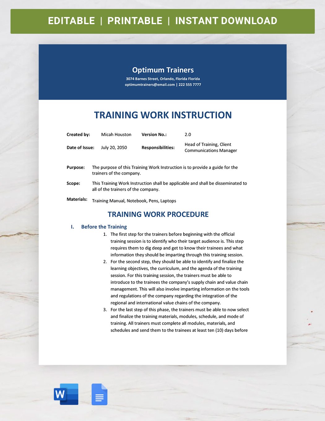Training Work Instruction Template in Word, Google Docs