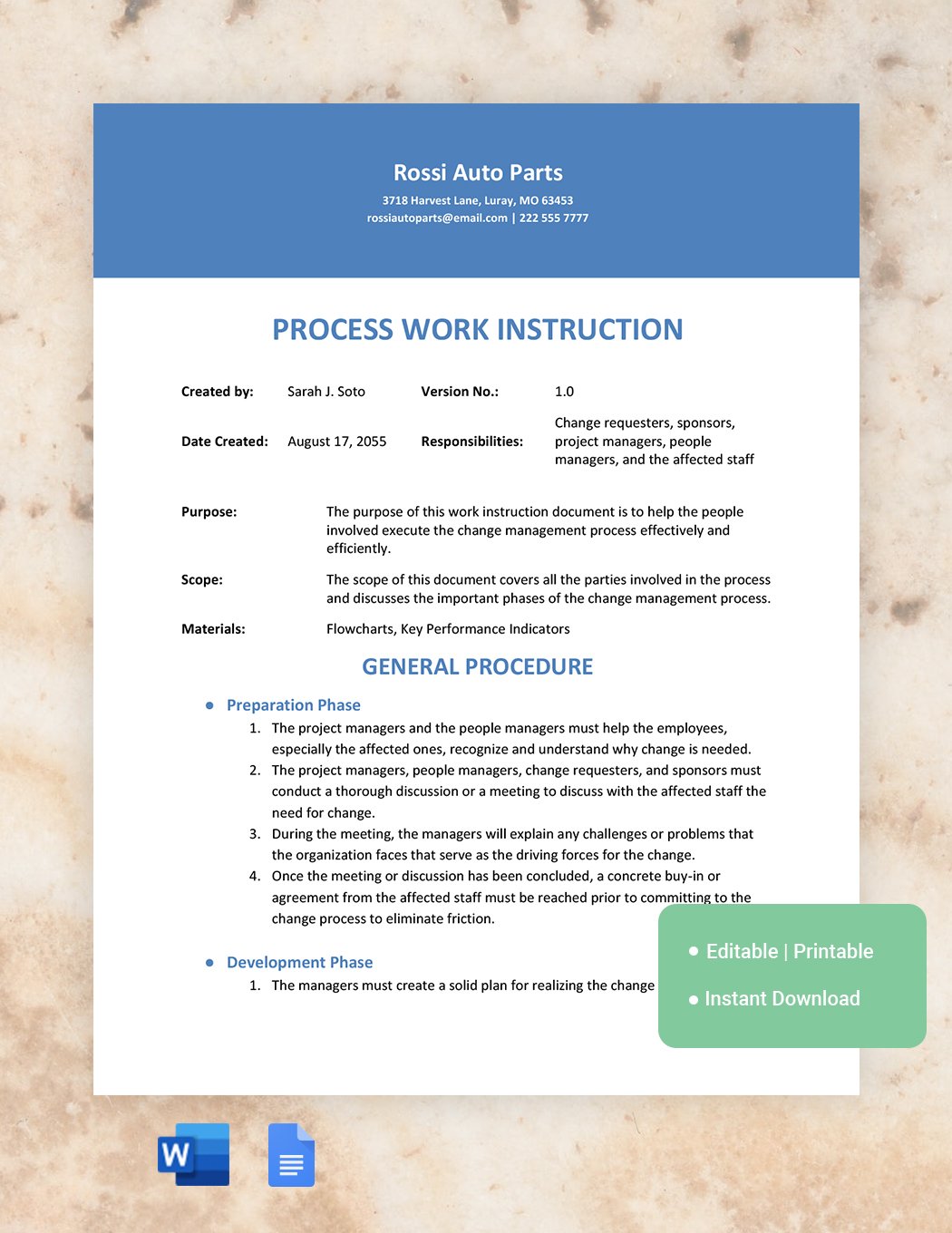 Process Work Instruction Template in Word, Google Docs