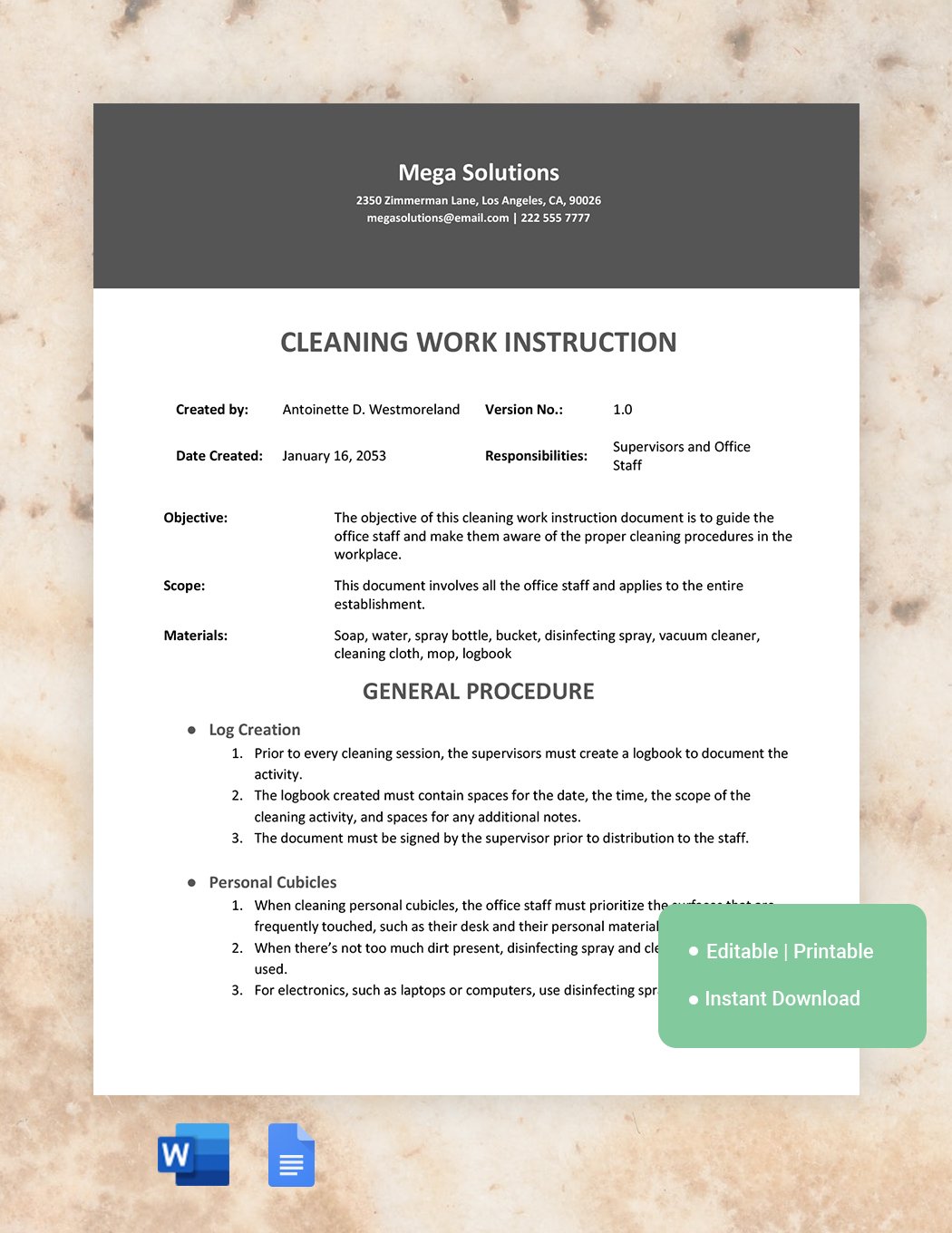 Cleaning Work Instruction Template in Word, Google Docs