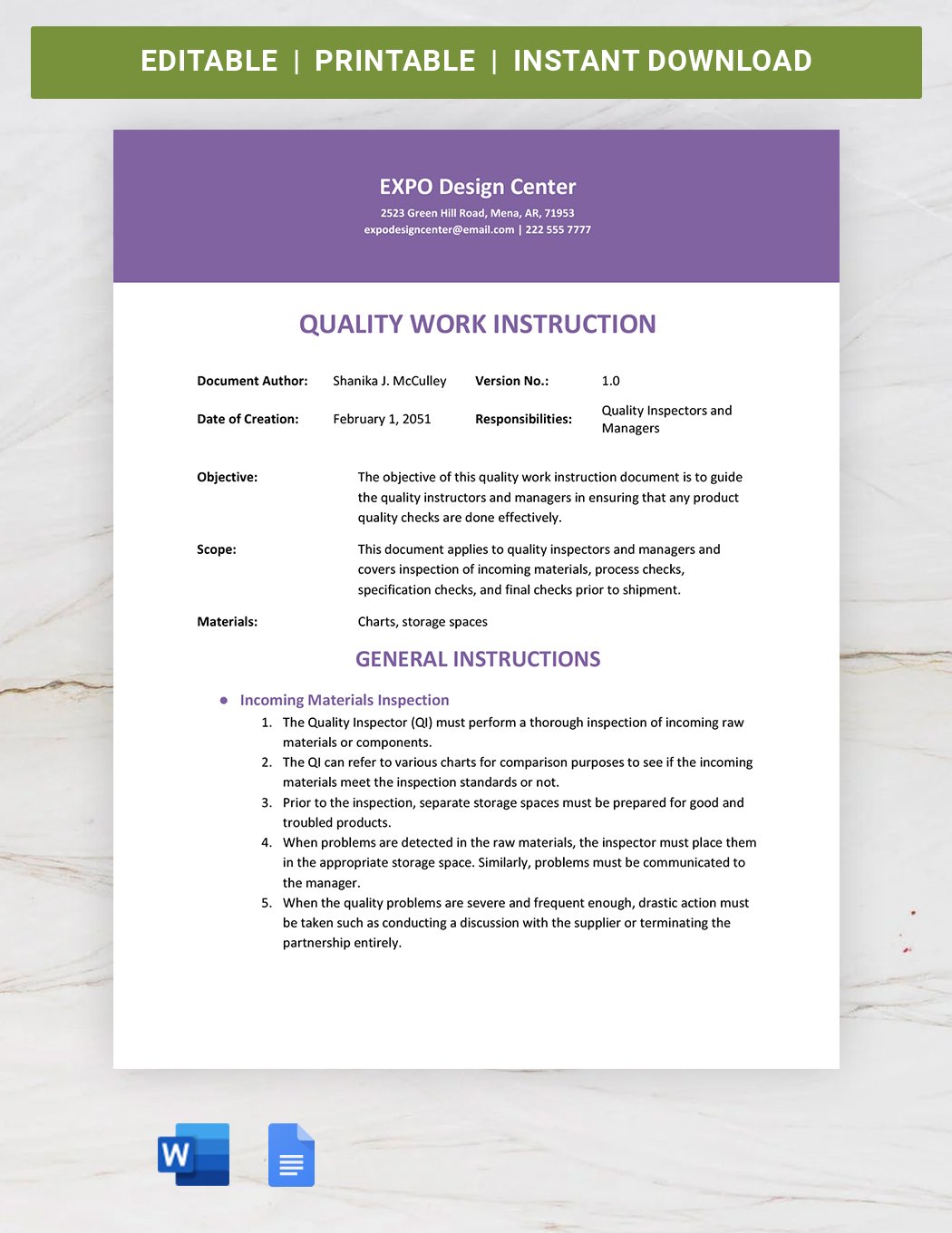 Quality Work Instruction Template