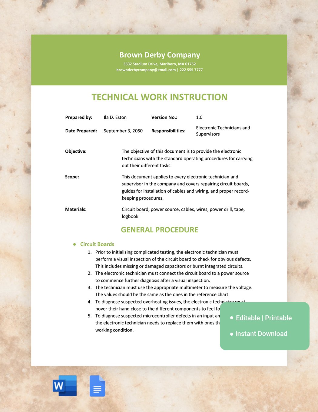 Technical Work Instruction Template in Word, Google Docs