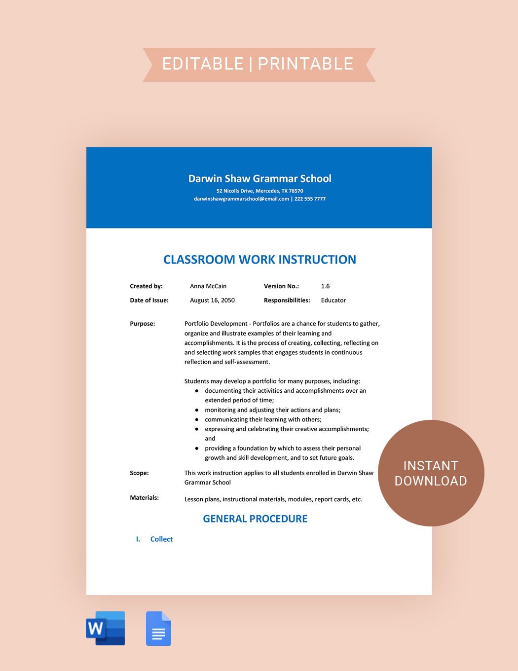 Classroom Work Instruction Template in Word, Google Docs
