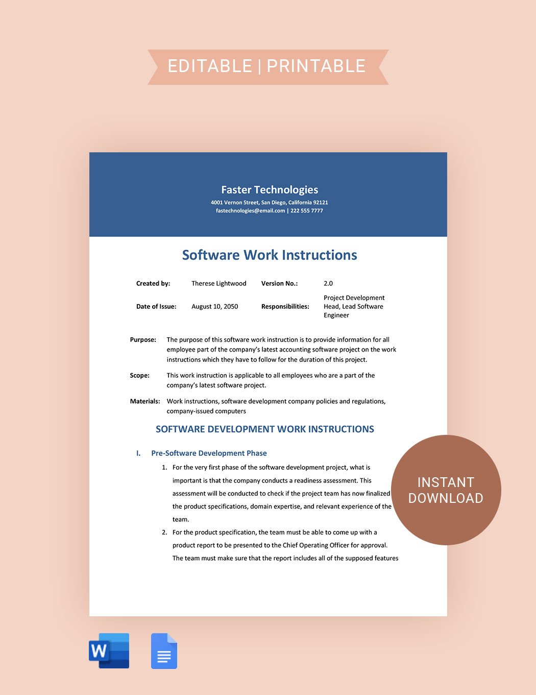 Software Work Instruction Template in Word, Google Docs