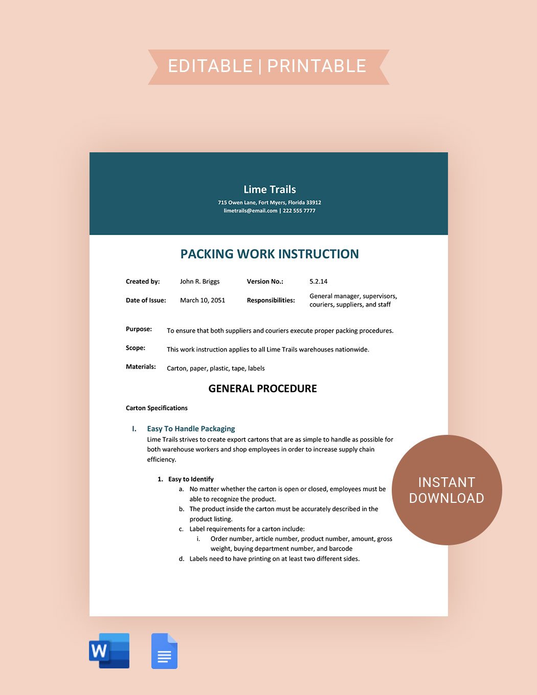 Packing Work Instruction Template in Word, Google Docs