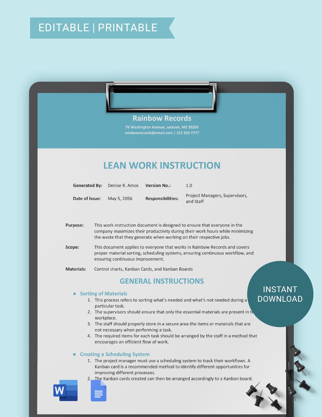 Lean Work Instruction Template
