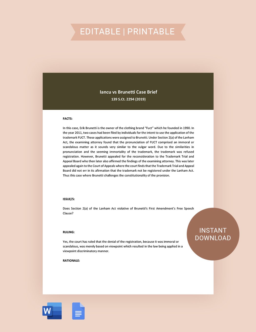 Simple Case Brief Template in Word, Google Docs