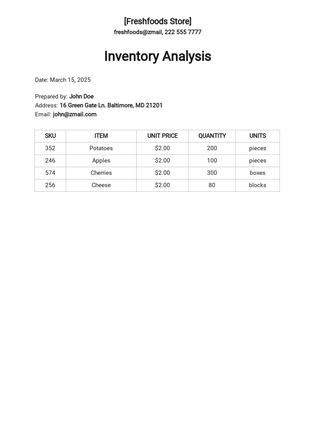 Inventory Templates in Google Docs