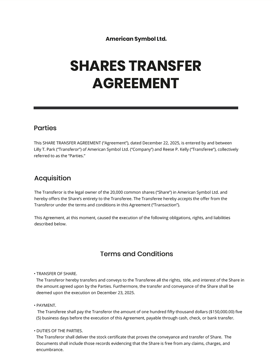 Shares Transfer Agreement Short Template Google Docs, Word, Apple