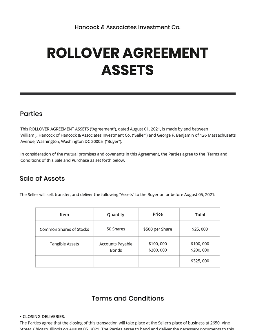 Rollover Agreement Assets Template