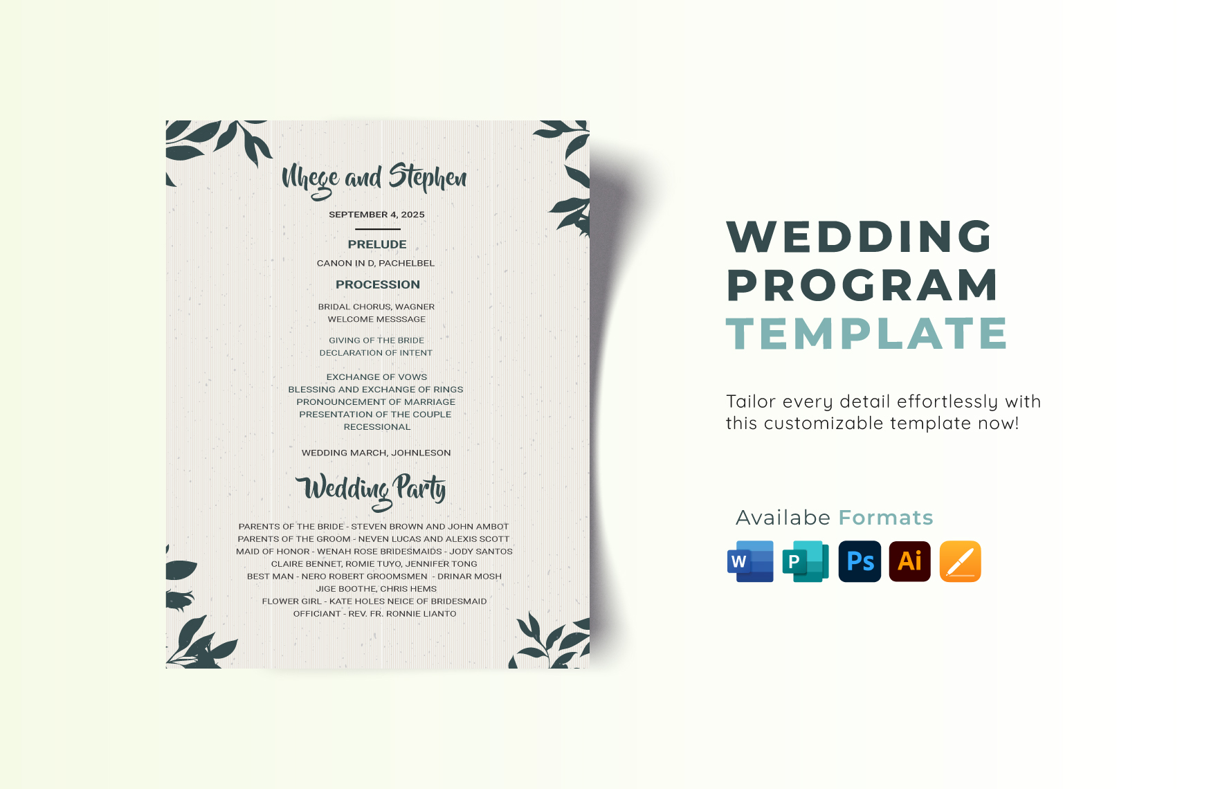 Wedding Program Template in Word, Illustrator, PSD, Apple Pages, Publisher