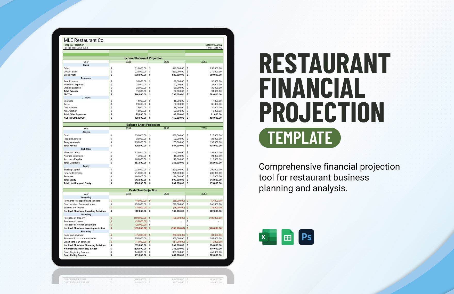 Restaurant Financial Projection Template in Excel, Google Sheets, PSD