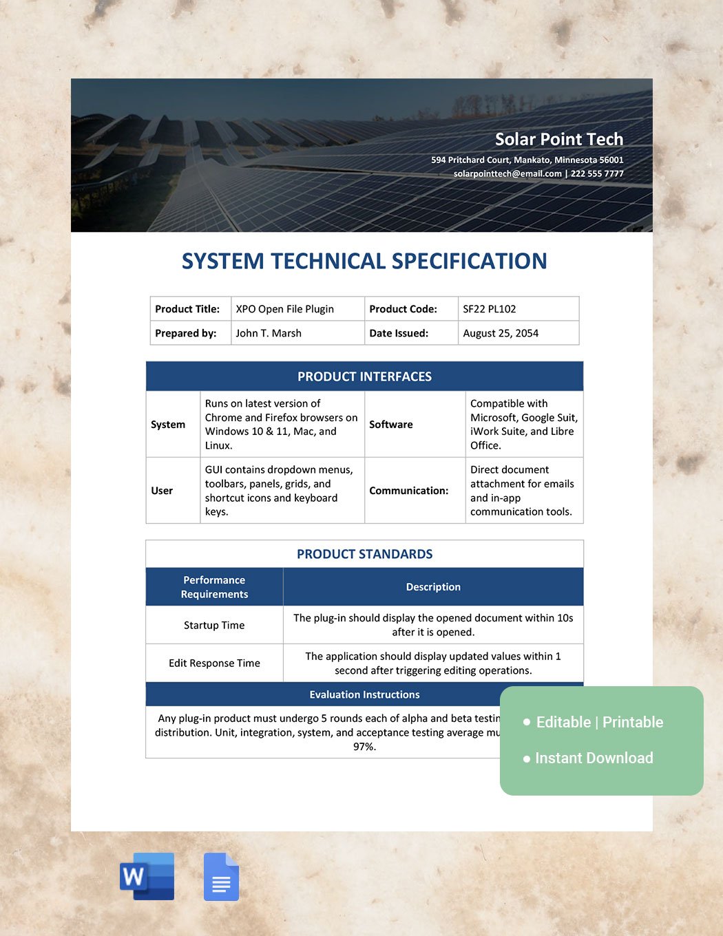 IT Technical Specification Template in Word, Google Docs