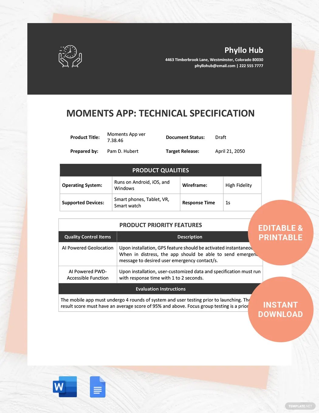 Technical Requirements Document Template in Word, Google Docs