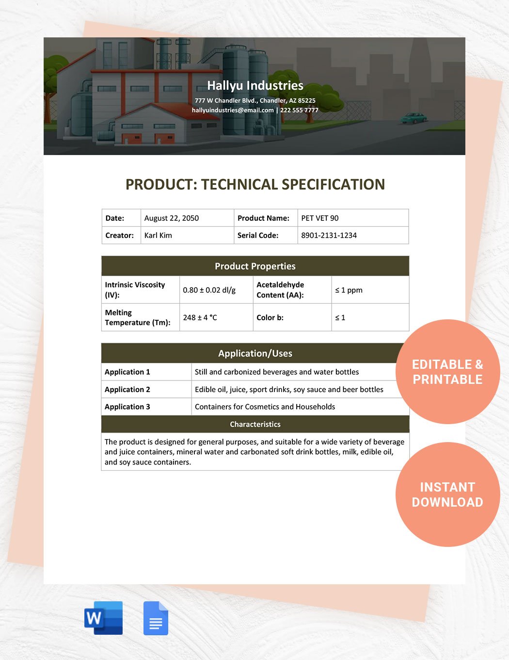 Product Technical Specification Template in Word, Google Docs