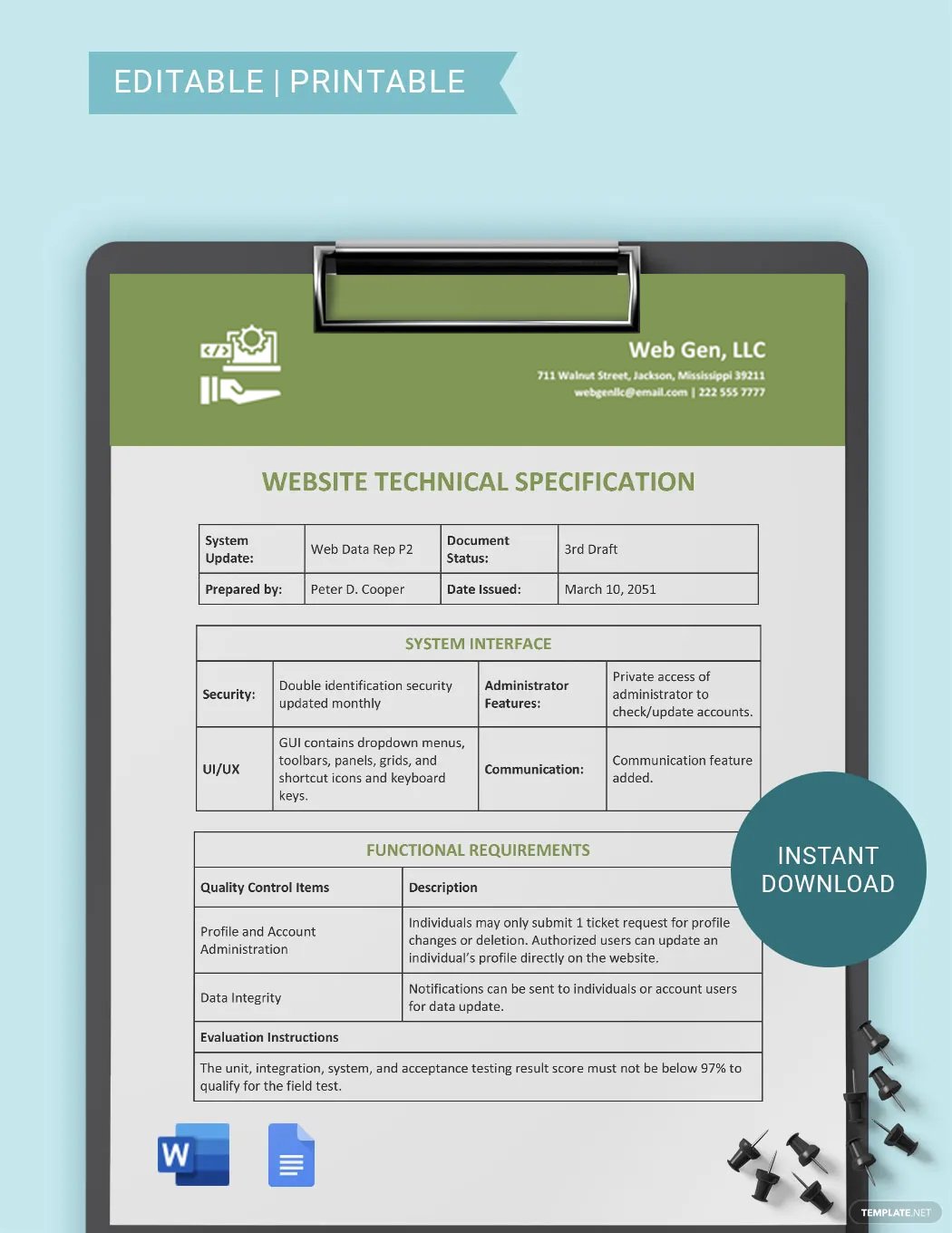 Website Technical Specification Template