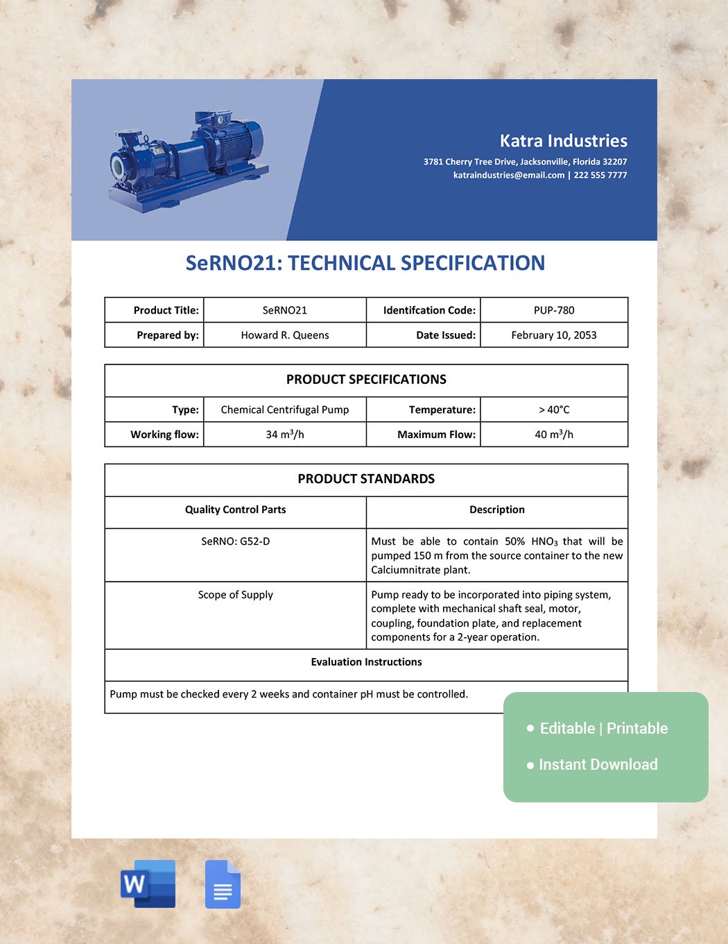 Equipment Technical Specification Template in Word, Google Docs