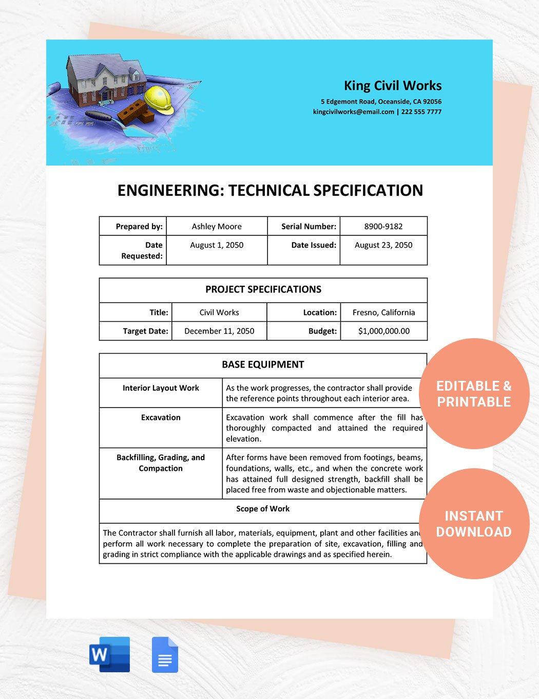 Engineering Technical Specification Template in Word, Google Docs