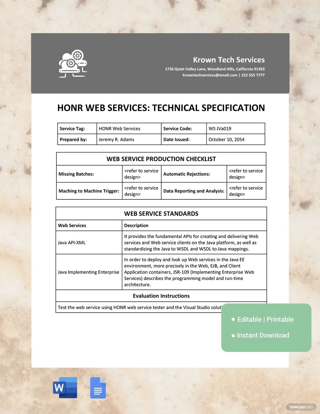 Web Service Technical Specification Template in Word, Google Docs