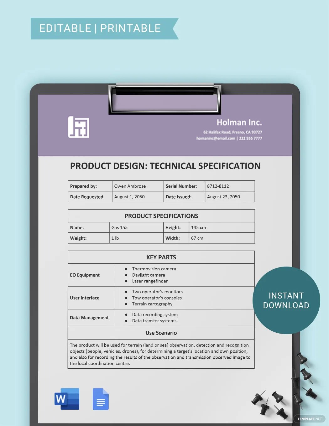 Product Design Technical Specification Template in Word, Google Docs