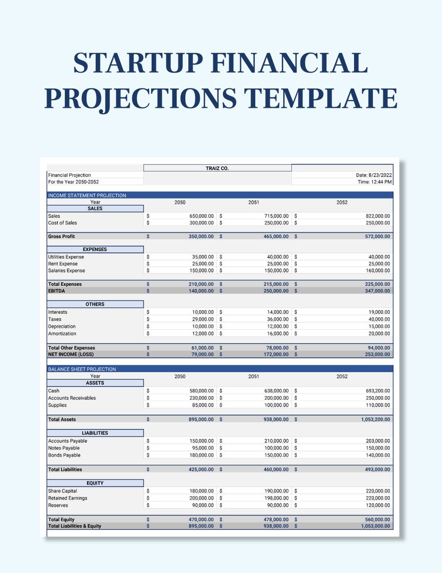 Free Startup Financial Projections Template Google Sheets, Excel