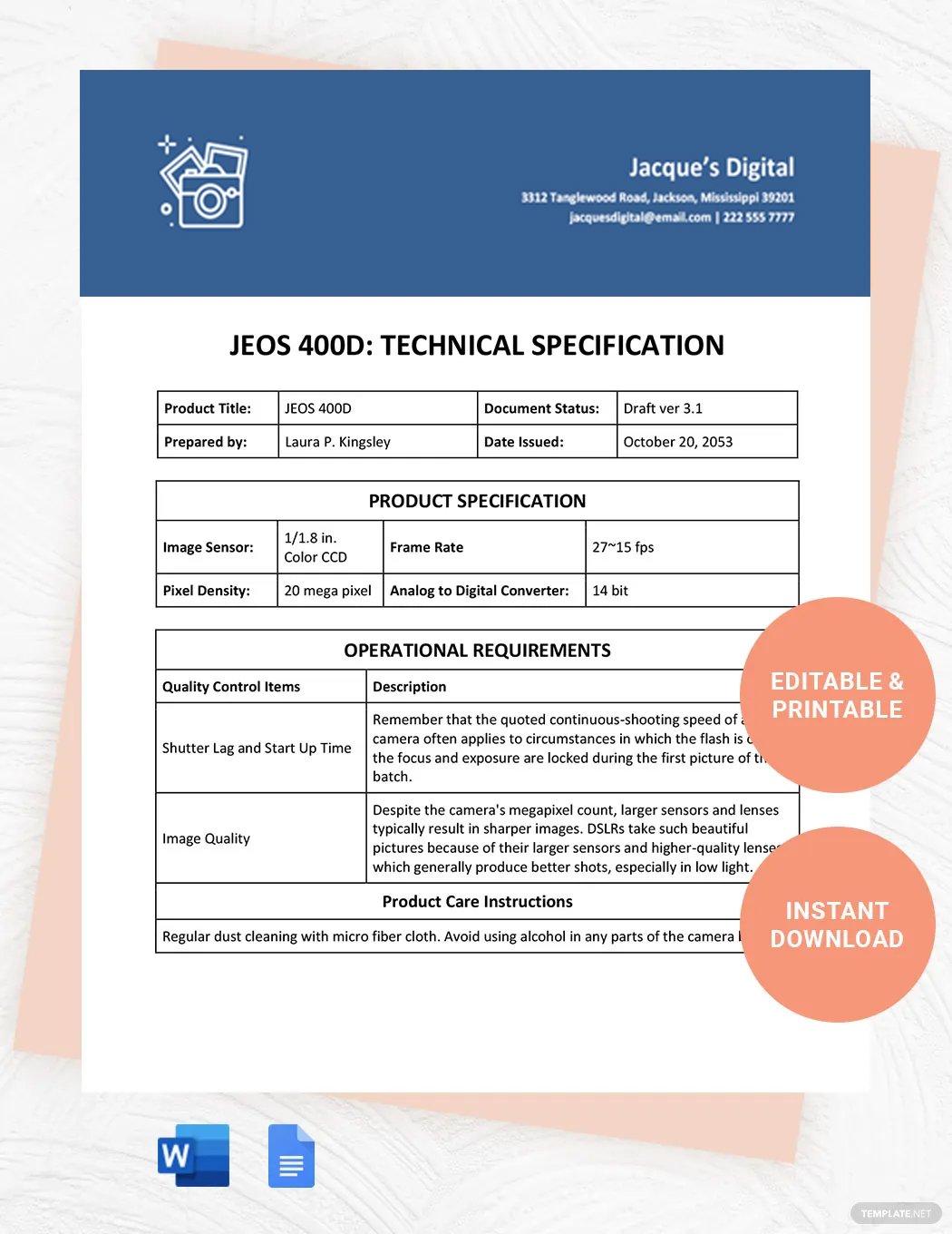 Technical Specification Document Template in Google Docs Word